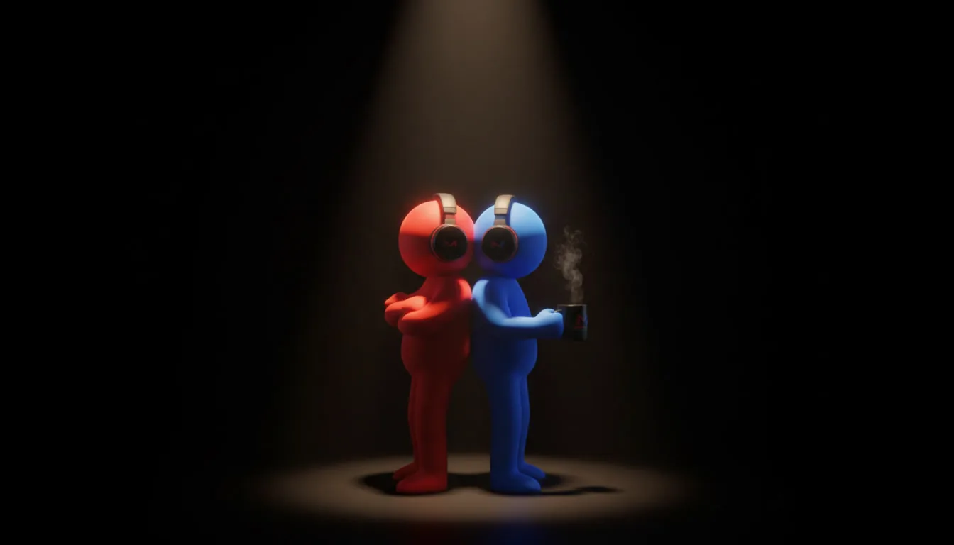 Ilustração de dois bonecos, um vermelho e um azul, de costas um para o outro sob um holofote, representando os irmãos Rodrigo e Reginaldo
